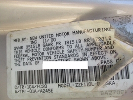 2001 TOYOTA COROLLA S SILVER 1.8L AT Z16295